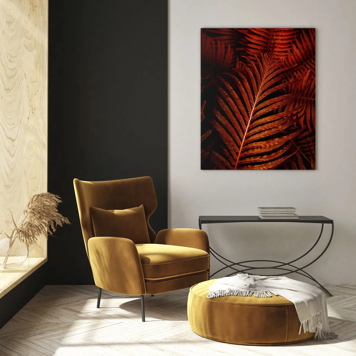 Quadro su vetro - Primo piano di foglie tropicali rosse - 70x100cm - Il calore della vita - Decorazione murale moderna per soggiorno e camera da letto ARTTOR