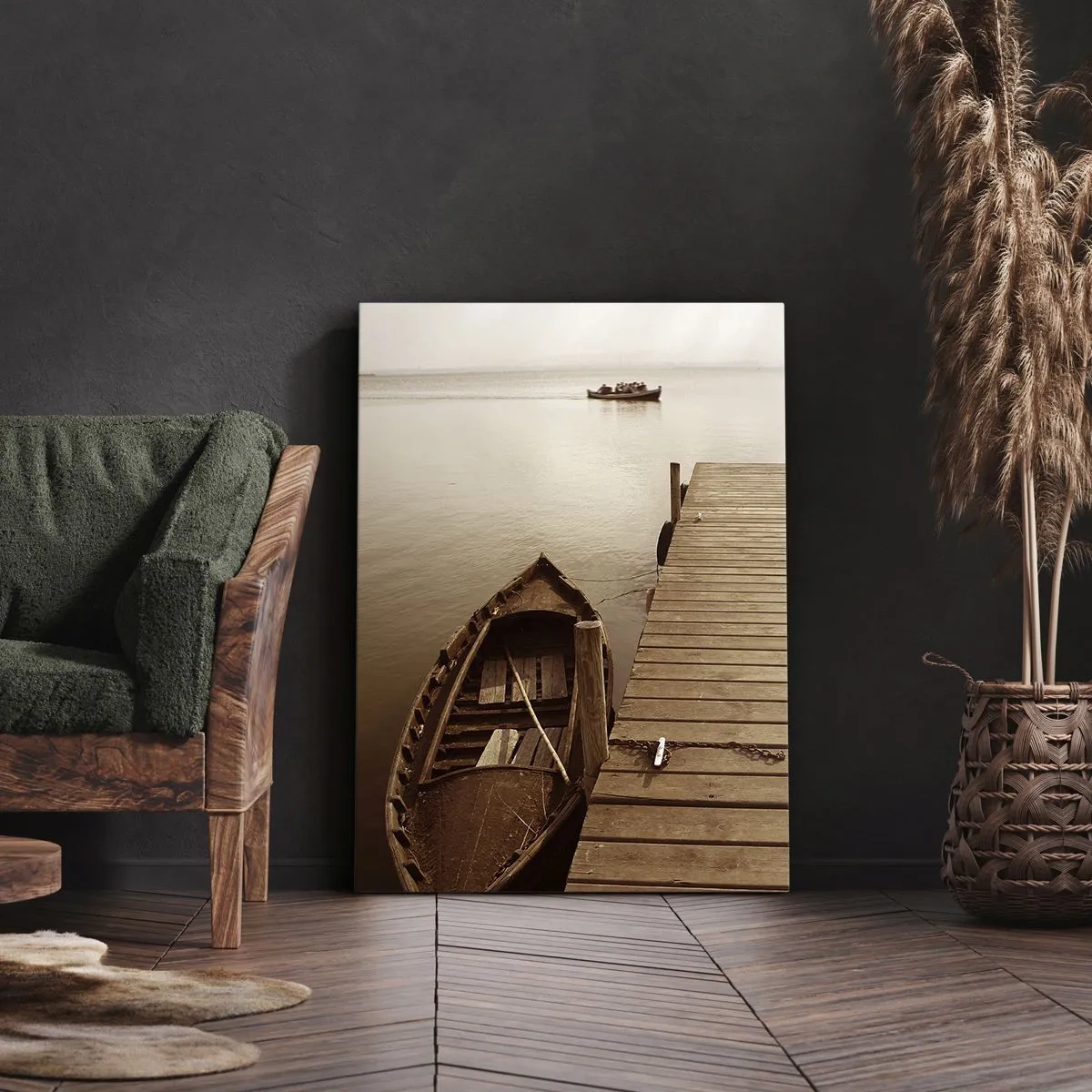 Quadro su tela - Stampe su Tela - Molo di legno e barca su un lago calmo - 70x100cm - La grande pace - Decorazione murale moderna per soggiorno e camera da letto ARTTOR