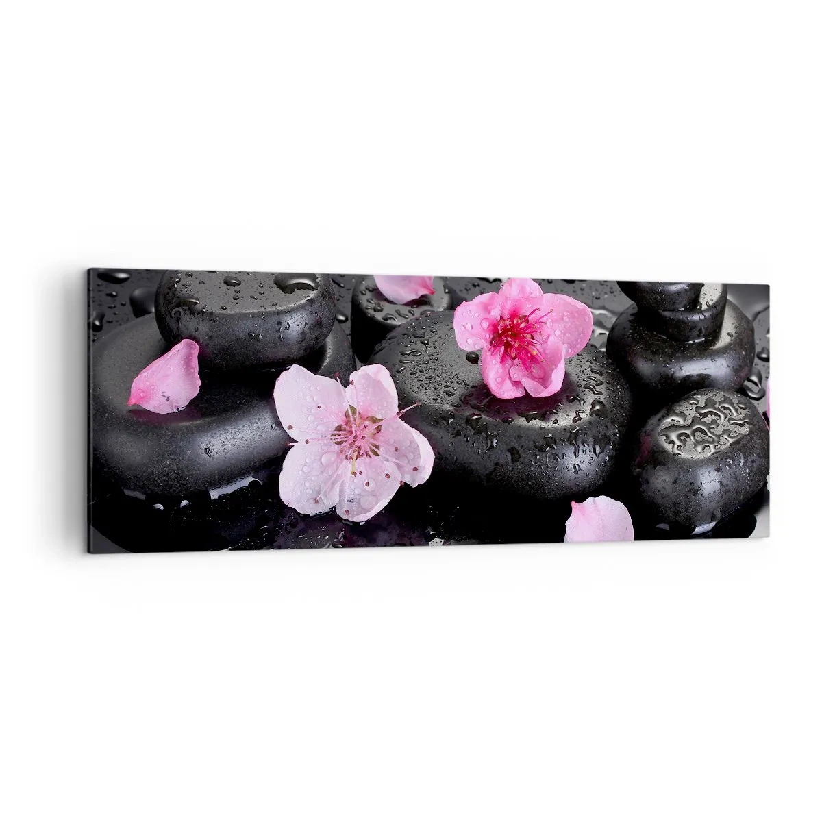 Quadro su tela - Stampe su Tela - Pietre nere e fiori rosa in stile spa - 140x50cm - E il cuore si libera di un peso - Decorazione murale moderna per soggiorno e camera da letto ARTTOR