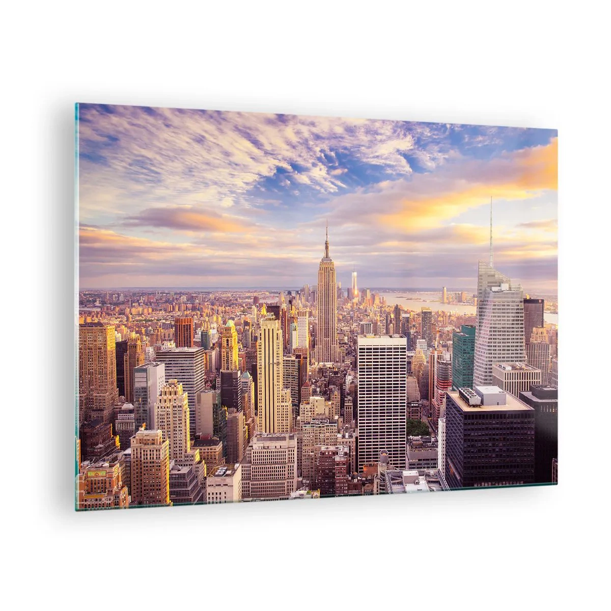 Quadro su vetro - Panorama della città con grattacieli al tramonto - 70x50cm - Toccando le nuvole - Decorazione murale moderna per soggiorno e camera da letto ARTTOR