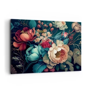 Quadro su tela - Stampe su Tela - Una composizione colorata di fiori su uno sfondo scuro - 100x70cm - Il fascino del 19esimo secolo - Decorazione murale moderna per soggiorno e camera da letto ARTTOR