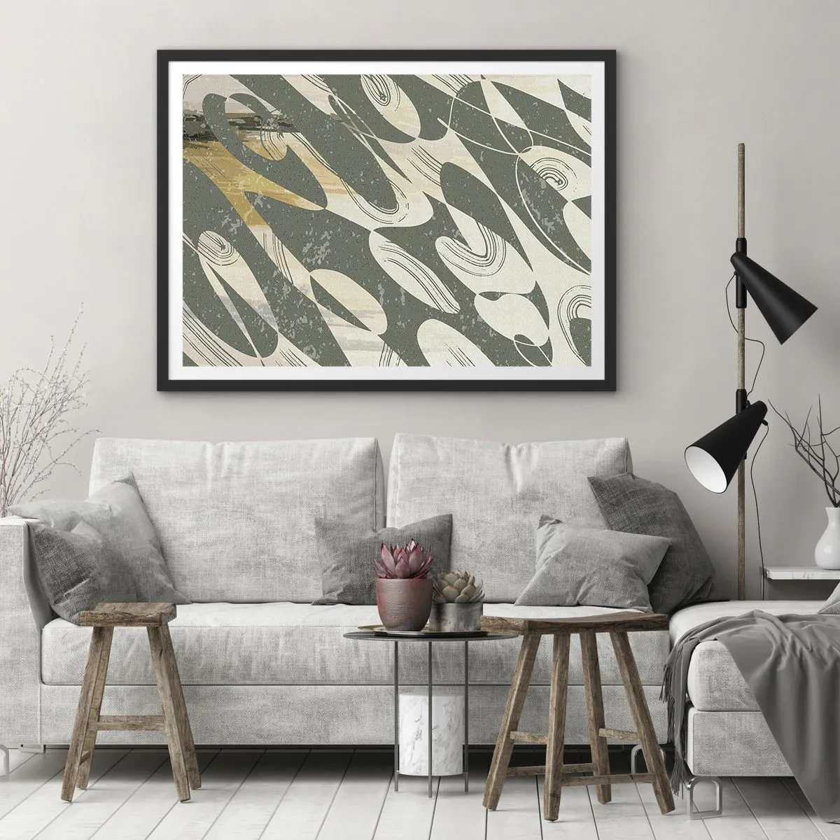 Poster in cornice nera - Forme dinamiche nei toni del verde e dell'oro - 70x50cm - Astrazione ritmica - Decorazione murale moderna per soggiorno e camera da letto ARTTOR