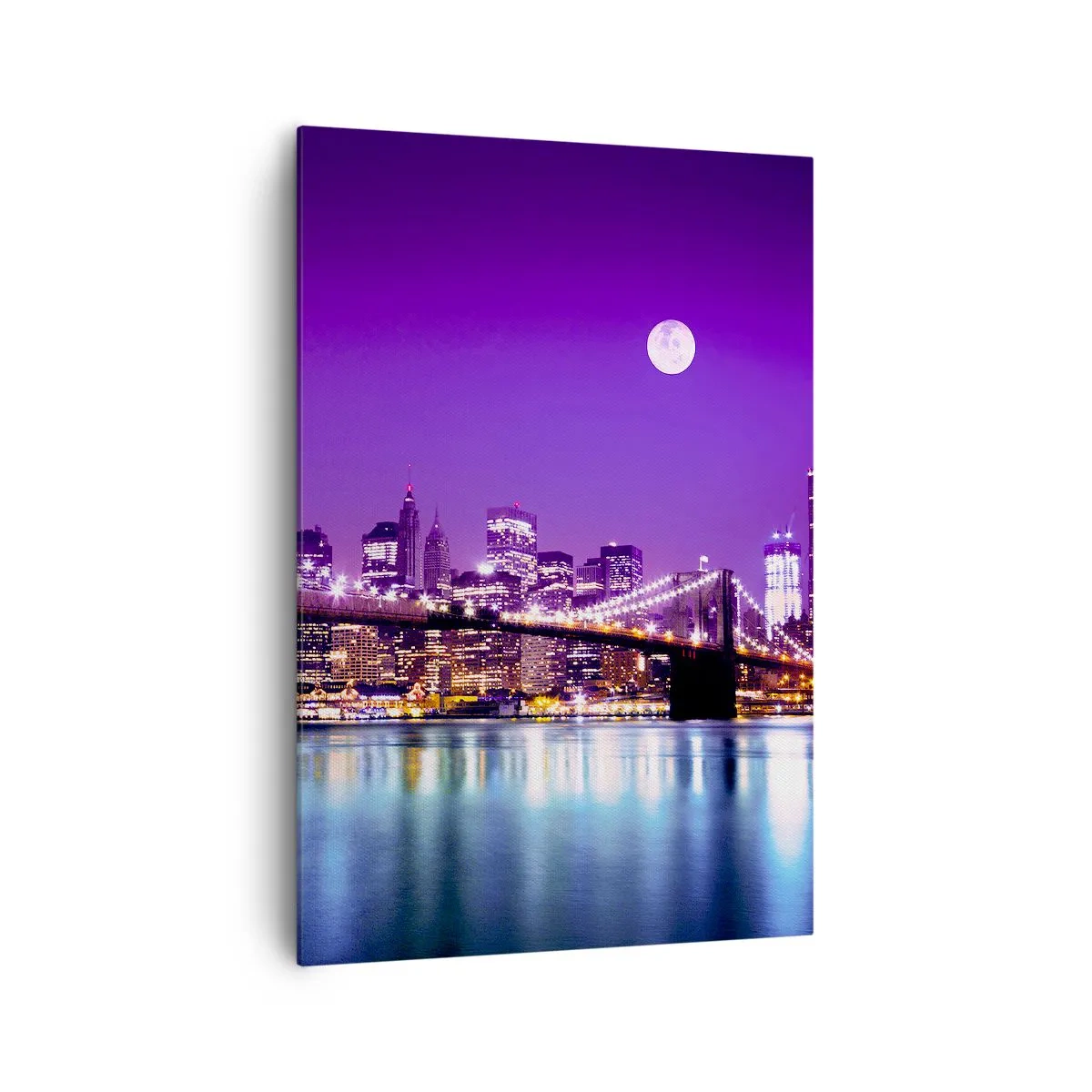 Quadro su tela - Stampe su Tela - Ponte di Brooklyn di notte con la città illuminata e la luna piena - 70x100cm - Luce della grande città in viola - Decorazione murale moderna per soggiorno e camera da letto ARTTOR