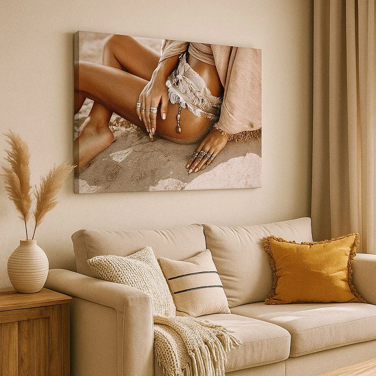 Quadro su tela - Stampe su Tela - Donna boho sulla spiaggia con gioielli - 70x50cm - Gettata dalle onde? - Decorazione murale moderna per soggiorno e camera da letto ARTTOR