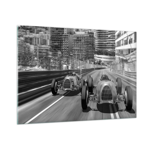 Quadro su vetro - Gara automobilistica storica in bianco e nero - 100x70cm - Tanto tempo fa a Montecarlo - Decorazione murale moderna per soggiorno e camera da letto ARTTOR