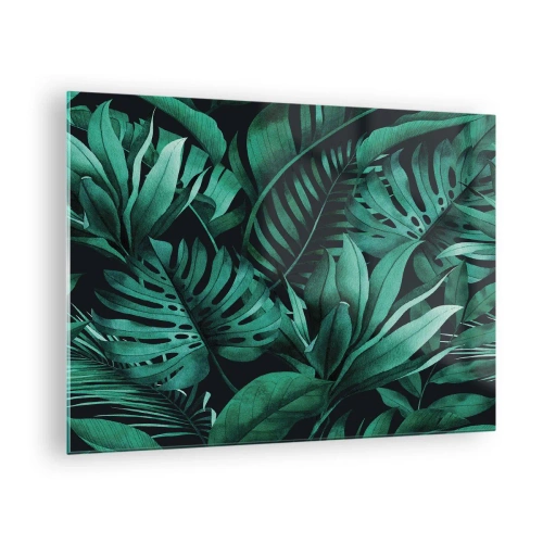 Quadro su vetro - Lussureggianti foglie verdi in una composizione tropicale - 70x50cm - Dal profondo del verde tropicale - Decorazione murale moderna per soggiorno e camera da letto ARTTOR