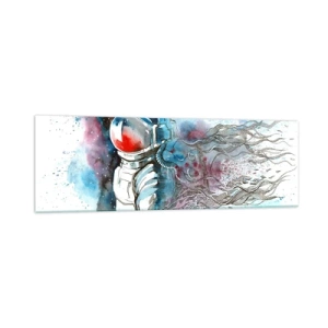 Quadro su vetro - Un cosmonauta in un acquerello dinamico con dettagli cosmici - 160x50cm - Da solo nel cosmo - Decorazione murale moderna per soggiorno e camera da letto ARTTOR