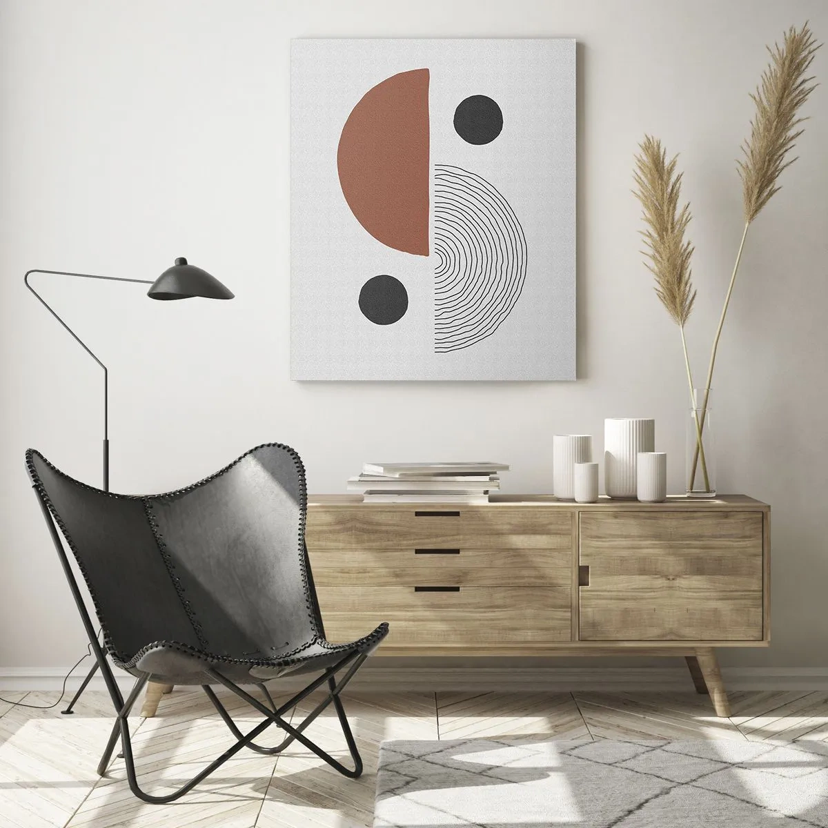 Quadro su vetro - Figure geometriche su sfondo chiaro in stile astratto - 50x70cm - La perfezione del cerchio - Decorazione murale moderna per soggiorno e camera da letto ARTTOR