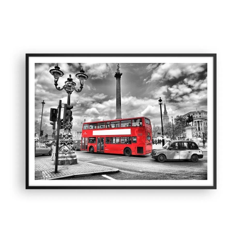 Poster in cornice nera - Un autobus rosso a due piani sullo sfondo di una città in bianco e nero - 100x70cm - Il vero flusso sanguigno della città - Decorazione murale moderna per soggiorno e camera da letto ARTTOR