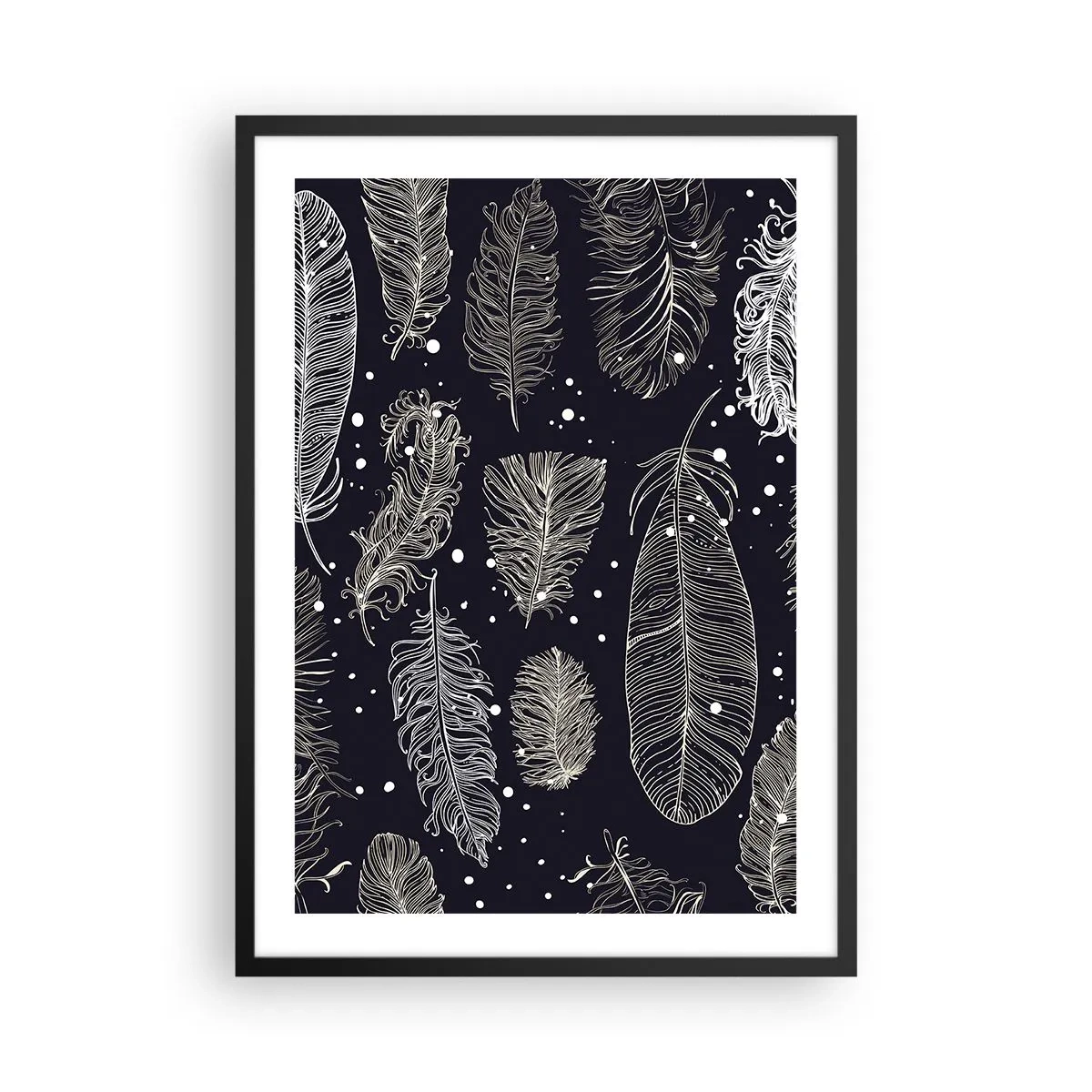Poster in cornice nera - Piume bianche su sfondo nero in una disposizione elegante - 50x70cm - Pizzo piumato - Decorazione murale moderna per soggiorno e camera da letto ARTTOR