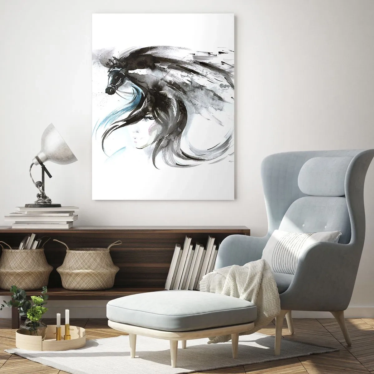 Quadro su vetro - Ritratto di una donna e di un cavallo in una composizione artistica e dinamica - 50x70cm - Il galoppo del Principe Nero - Decorazione murale moderna per soggiorno e camera da letto ARTTOR