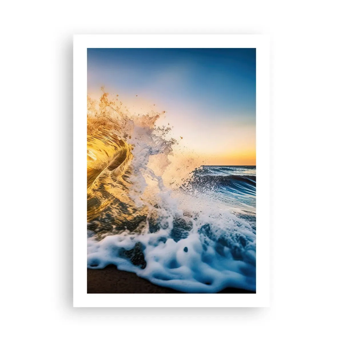 Poster - Un'onda marina dinamica che si infrange sulla riva al tramonto - 50x70cm - Gioco sulla sabbia - Decorazione murale moderna per soggiorno e camera da letto ARTTOR