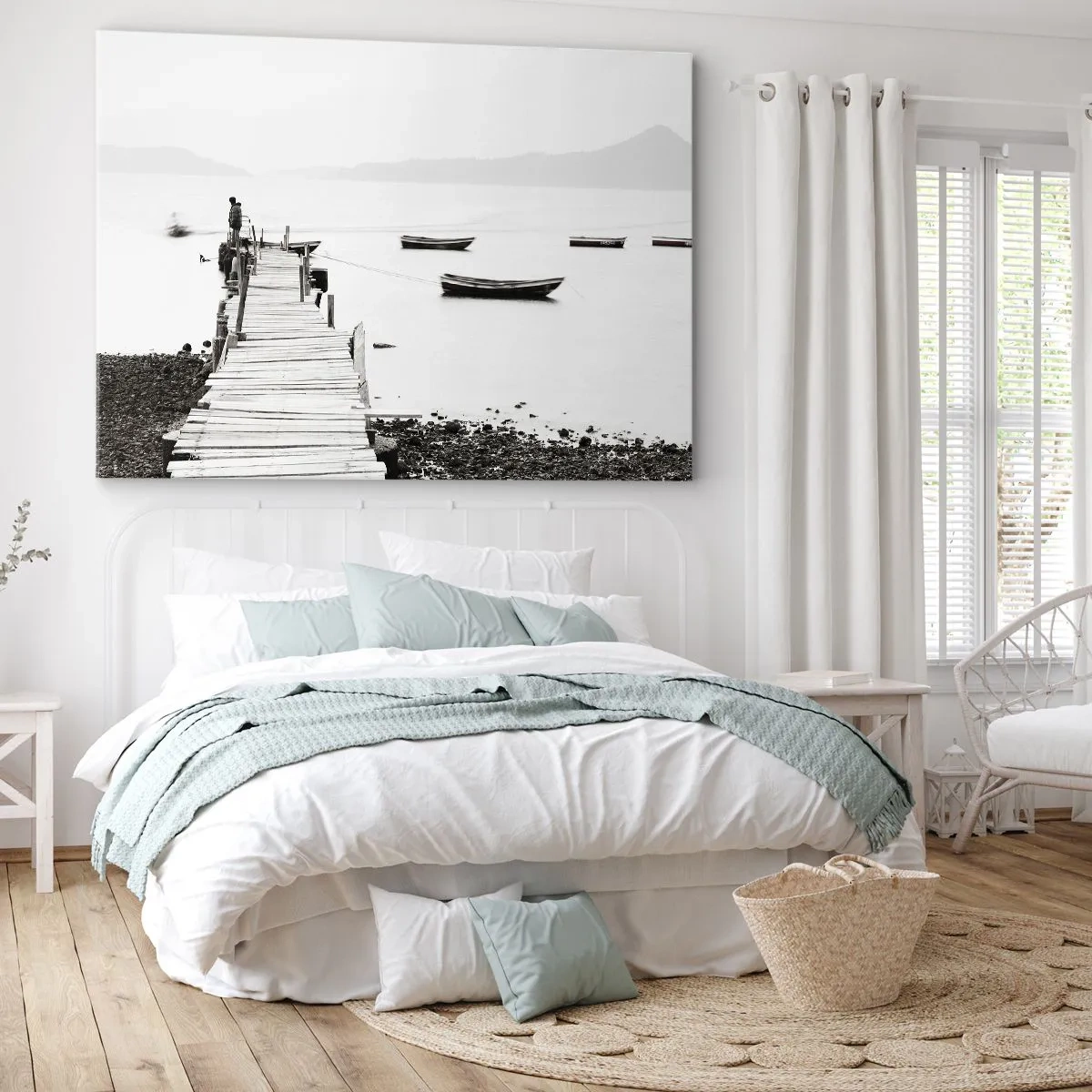 Quadro su tela - Stampe su Tela - Molo di legno e barche in acque calme - 70x50cm - Sull'acqua silenziosa e pura - Decorazione murale moderna per soggiorno e camera da letto ARTTOR