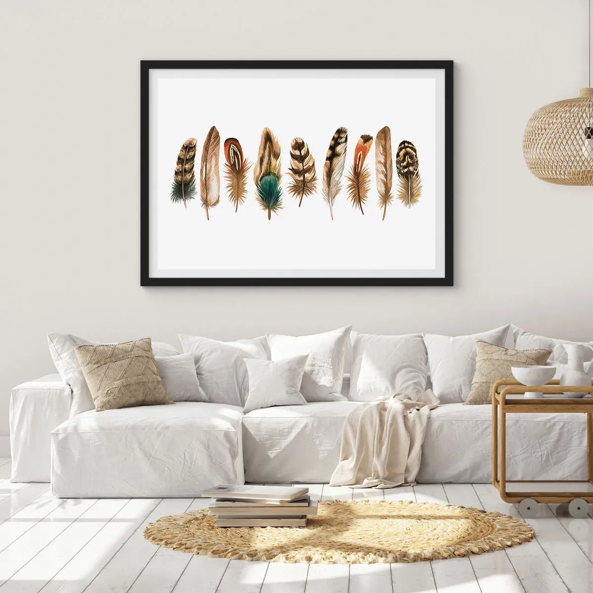 Poster in cornice nera - Motivo decorativo di una raccolta di piume varie - 100x70cm - Composizione di piume - Decorazione murale moderna per soggiorno e camera da letto ARTTOR