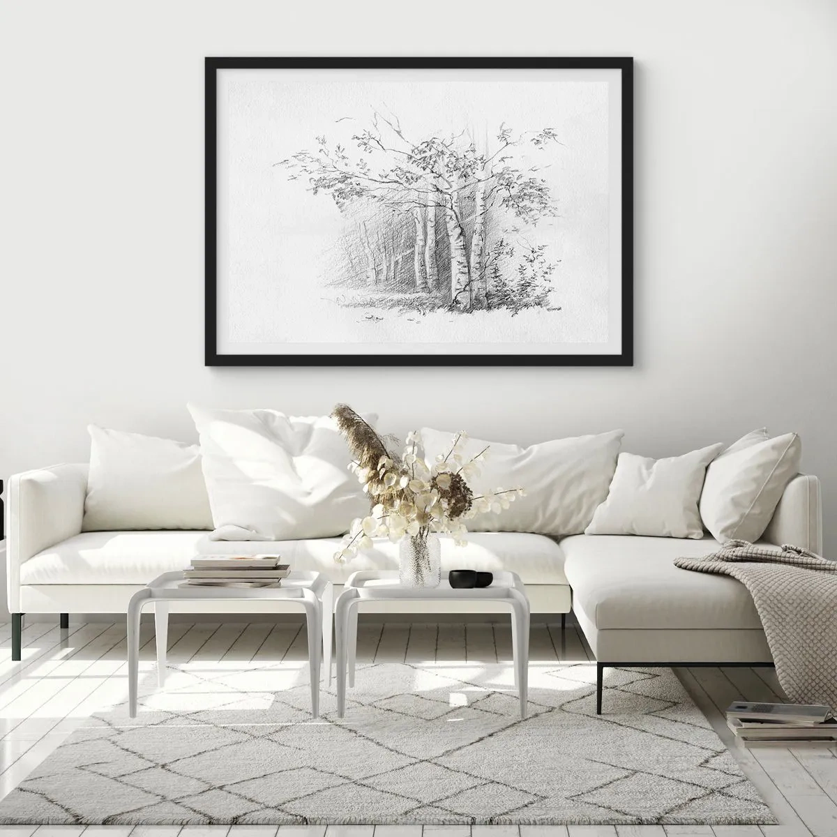Poster in cornice nera - Un disegno di una foresta di betulle in un sottile schizzo a matita - 100x70cm - La luce della foresta di betulle - Decorazione murale moderna per soggiorno e camera da letto ARTTOR