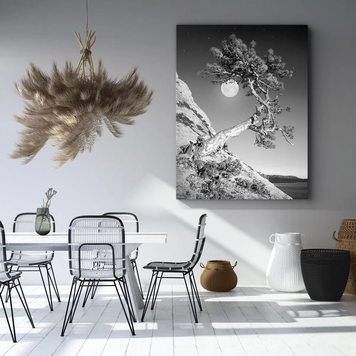 Quadro su tela - Stampe su Tela - Albero bianco e nero su una scogliera con la luna sullo sfondo - 80x120cm - Guerriera vittoriosa  - Decorazione murale moderna per soggiorno e camera da letto ARTTOR
