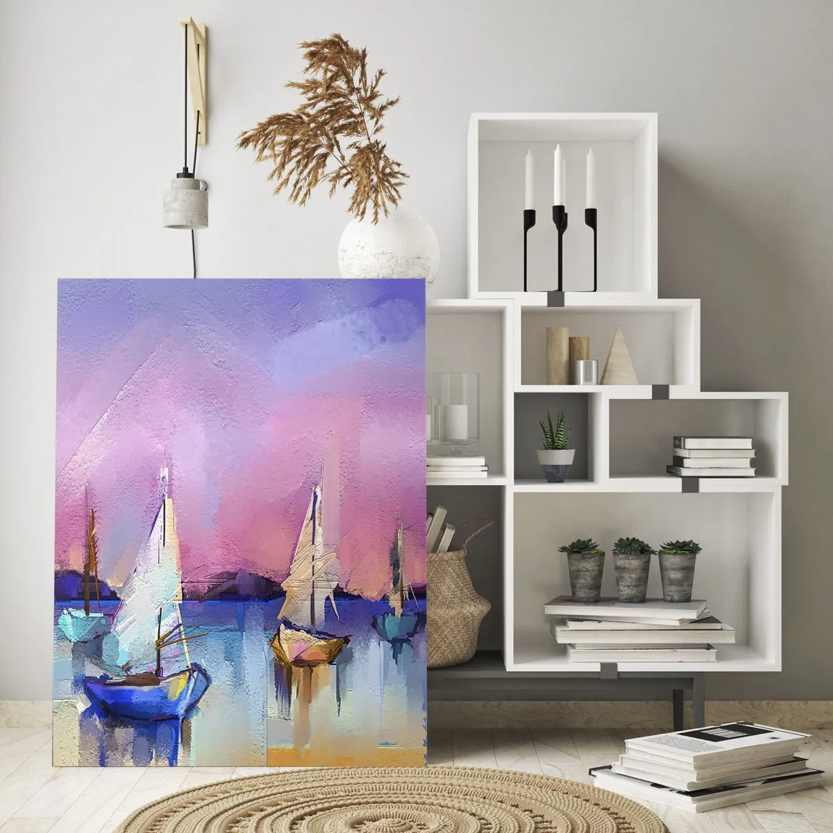 Quadro su vetro - Marina astratta con barche a vela al tramonto - 50x70cm - Direzione: mare aperto - Decorazione murale moderna per soggiorno e camera da letto ARTTOR