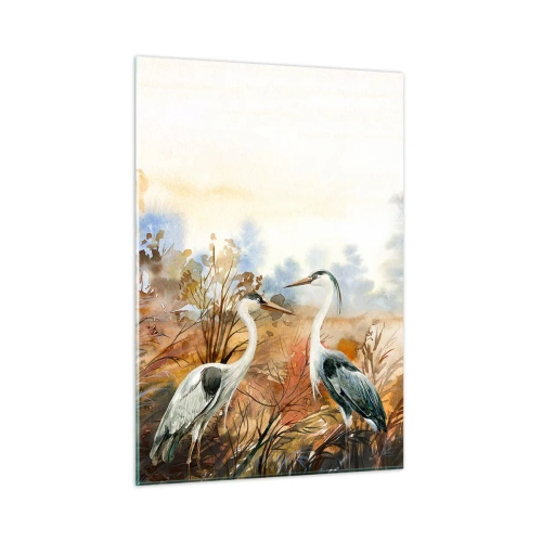 Quadro su vetro - Due gru in un paesaggio autunnale dipinto ad acquerello - 50x70cm - Dove in autunno? - Decorazione murale moderna per soggiorno e camera da letto ARTTOR