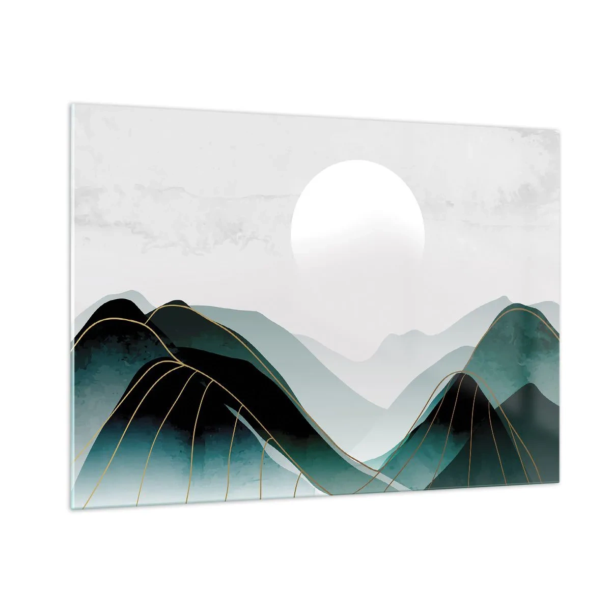Quadro su vetro - Paesaggio montano con sole bianco e linee dorate - 100x70cm - In tutta la maestà - Decorazione murale moderna per soggiorno e camera da letto ARTTOR
