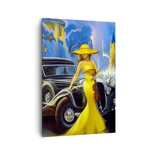 Quadro su tela - Stampe su Tela - Una donna con un vestito giallo e un violino accanto a un'auto d'epoca. - 70x100cm - Notturno per violino e amore - Decorazione murale moderna per soggiorno e camera da letto ARTTOR