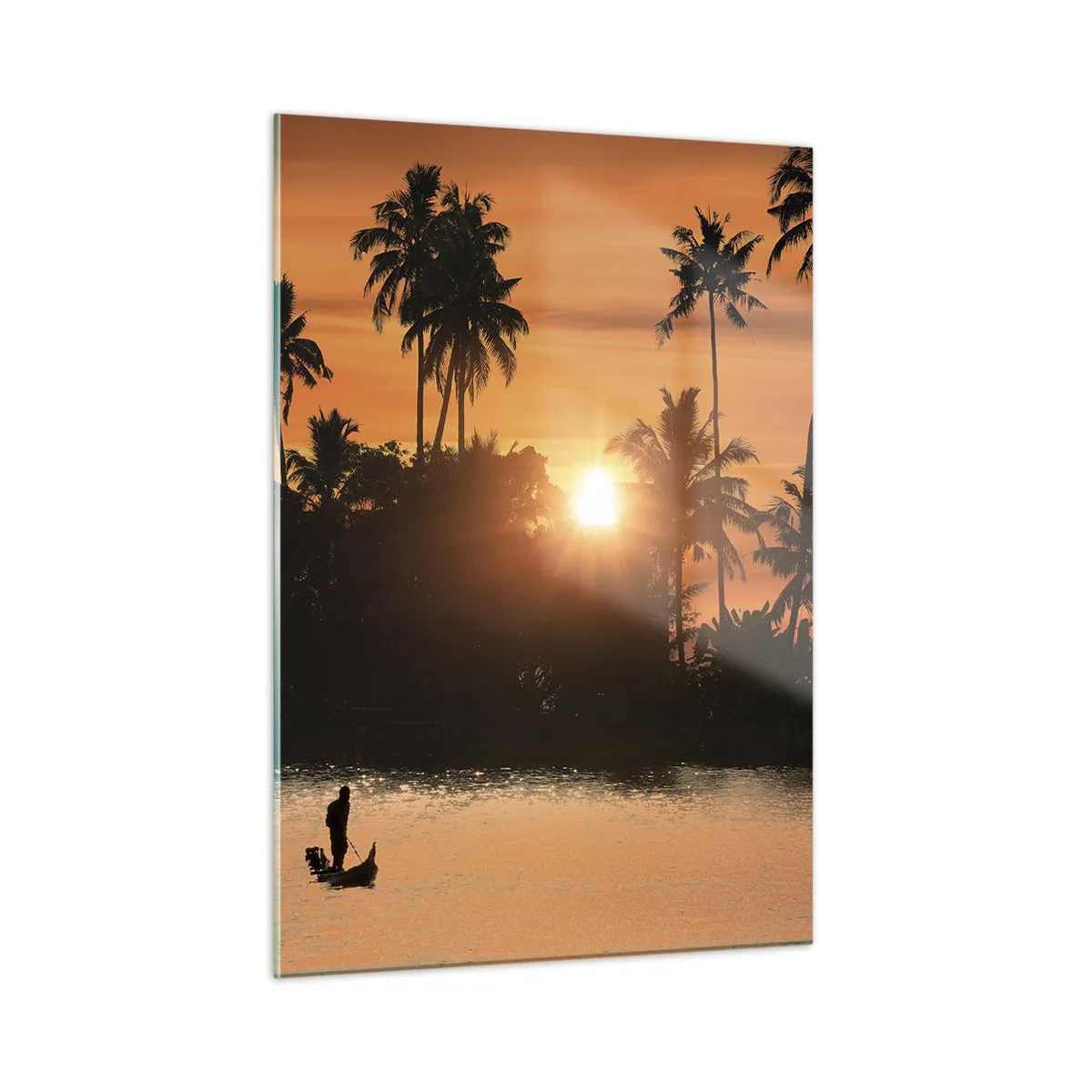 Quadro su vetro - Paesaggio tropicale con palme e tramonto sul fiume - 50x70cm - Il tempo del riposo - Decorazione murale moderna per soggiorno e camera da letto ARTTOR
