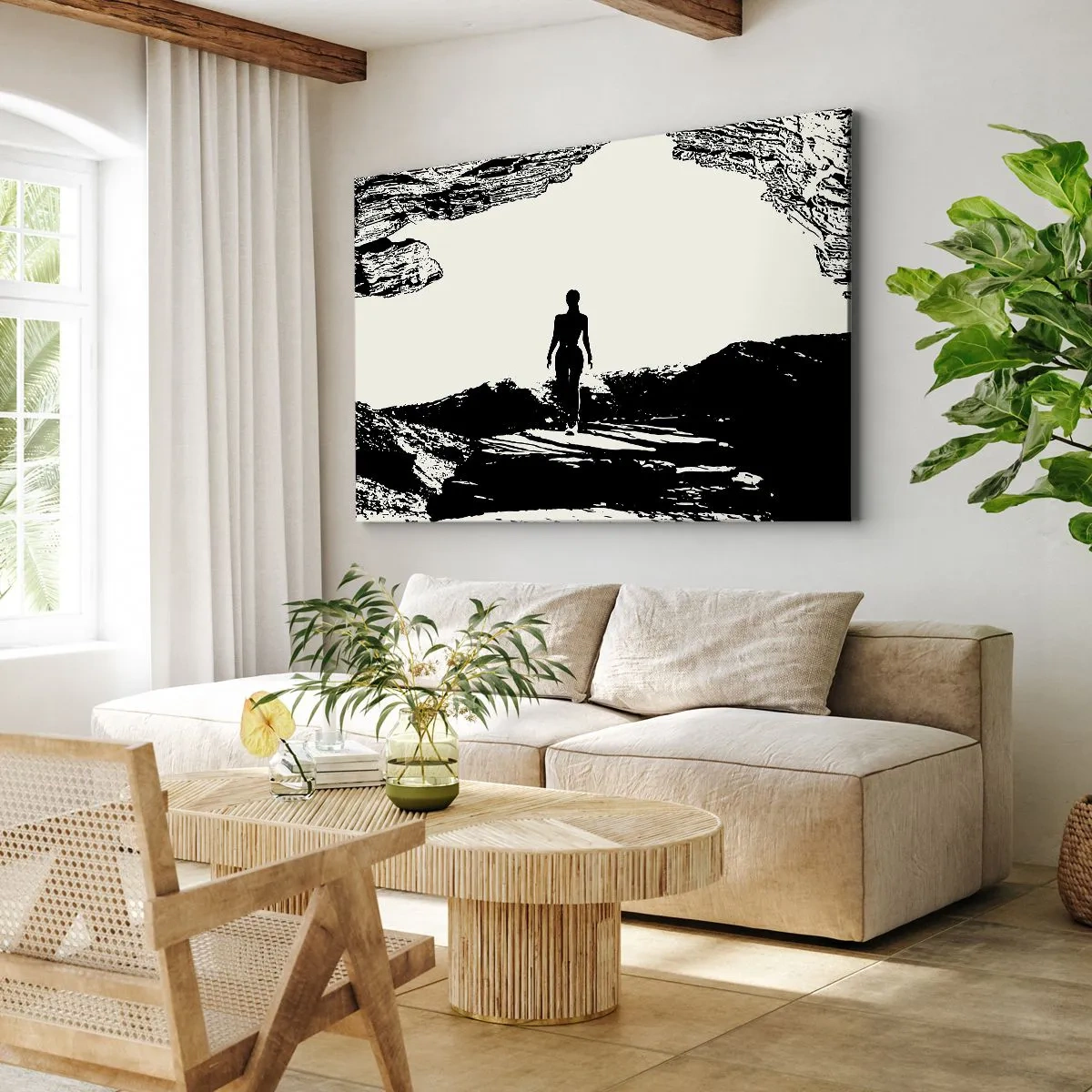 Quadro su tela - Stampe su Tela - Silhouette in bianco e nero di una donna in una grotta contro il cielo - 70x50cm - Un nuovo sguardo - Decorazione murale moderna per soggiorno e camera da letto ARTTOR