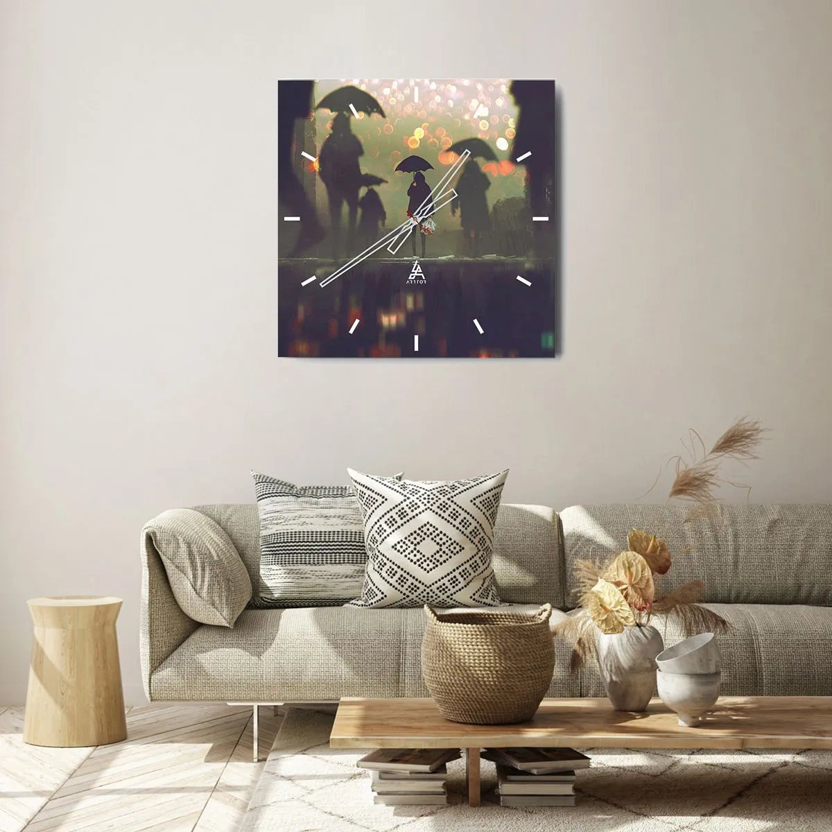 Orologio da parete - Orologio in Vetro - Una figura con un ombrello in una sera piovosa tra le luci della città - 30x30cm - Dalla prospettiva di una goccia di pioggia - Decorazione murale moderna per soggiorno e camera da letto ARTTOR