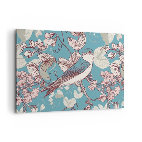 Quadro su tela - Stampe su Tela - Un uccello su un ramo in un delicato stile floreale - 120x80cm - Sul pioppo riflessi e cinguettii - Decorazione murale moderna per soggiorno e camera da letto ARTTOR