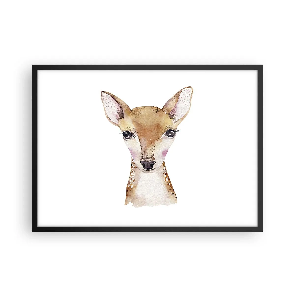 Poster in cornice nera - Ritratto ad acquerello di un giovane capriolo su sfondo bianco - 70x50cm - La natura dell'innocenza - Decorazione murale moderna per soggiorno e camera da letto ARTTOR
