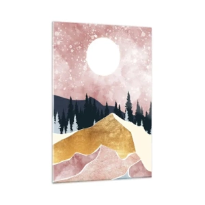 Quadro su vetro - Montagne colorate contro un cielo rosa con una luna - 80x120cm - Guardiano notturno - Decorazione murale moderna per soggiorno e camera da letto ARTTOR