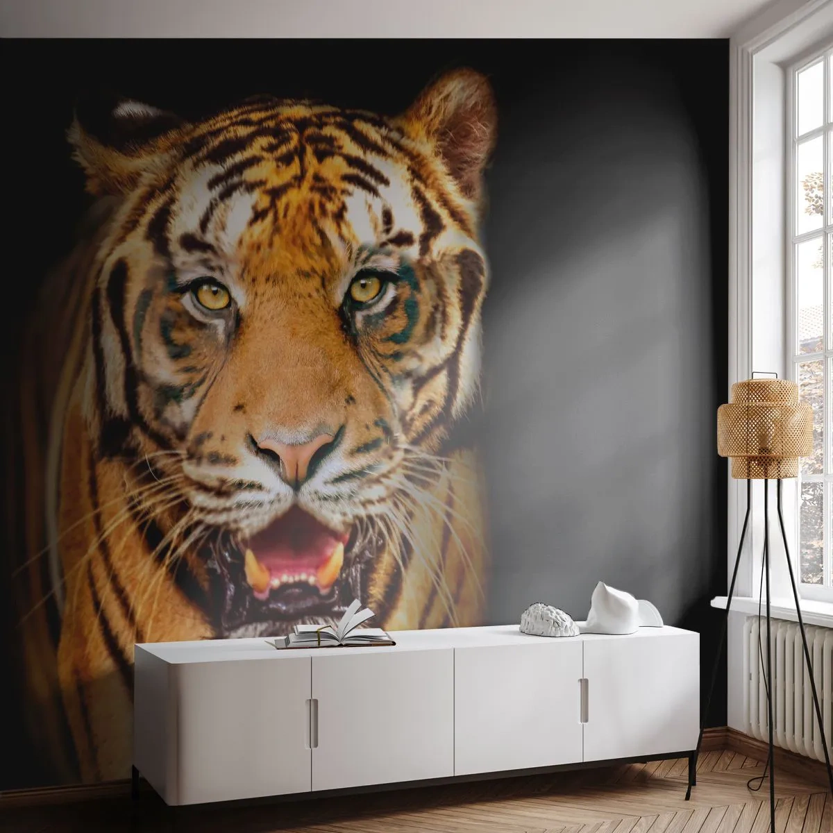 Fotomurali Standard Eco - Primo piano di una tigre su sfondo nero con uno sguardo ipnotizzante - 100x70cm - Cuore selvatico - Decorazione murale moderna per soggiorno e camera da letto ARTTOR