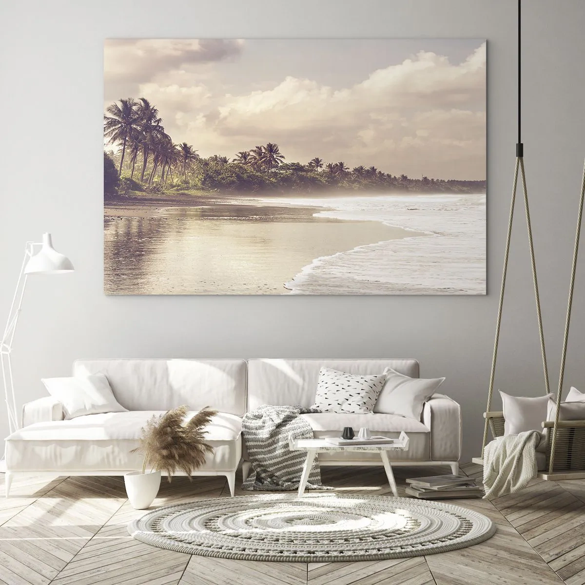 Quadro su vetro - Una spiaggia dorata con palme e un oceano calmo nella luce soffusa - 100x70cm - La carezza delle onde - Decorazione murale moderna per soggiorno e camera da letto ARTTOR
