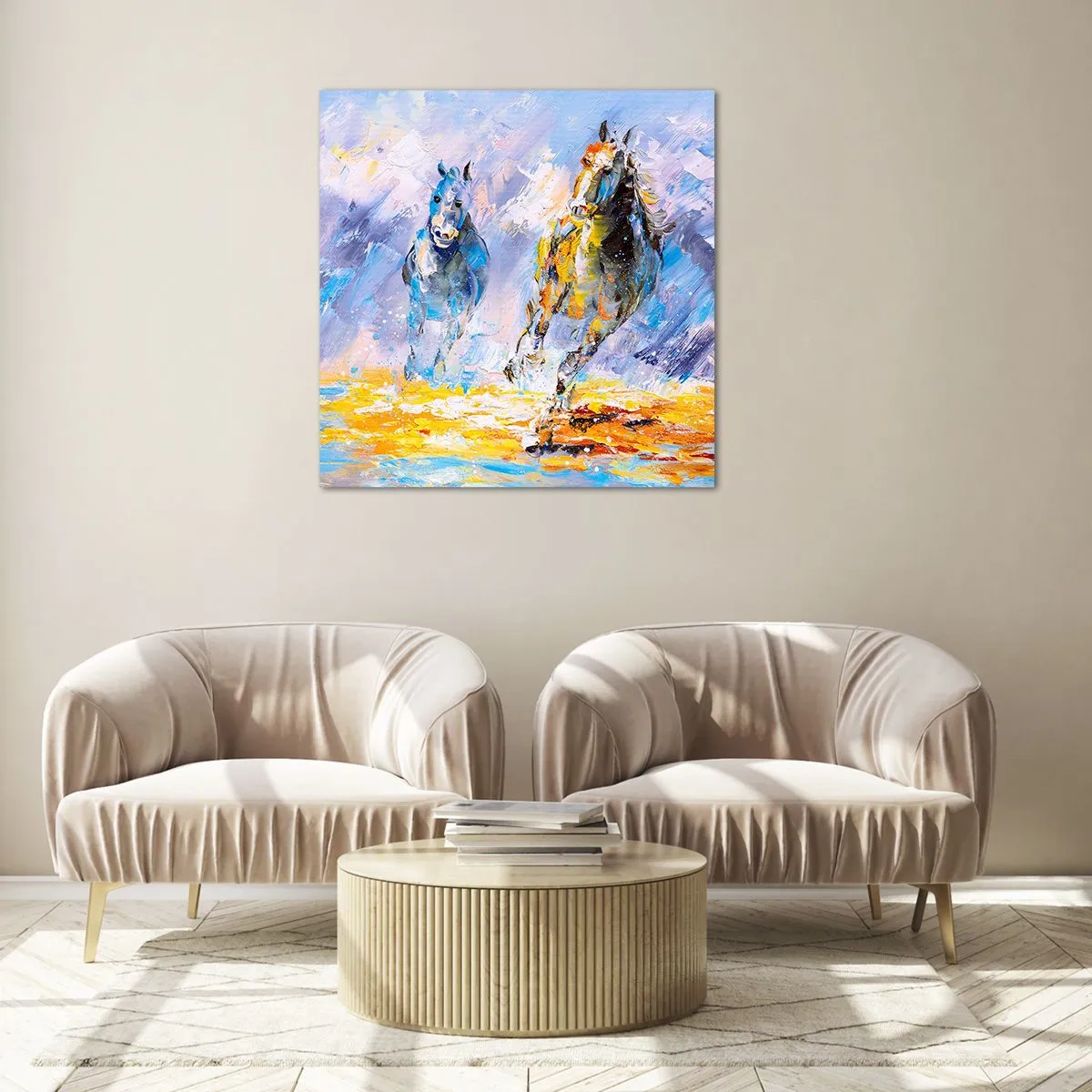 Quadro su vetro - Al galoppo nella luce - 40x40 cm