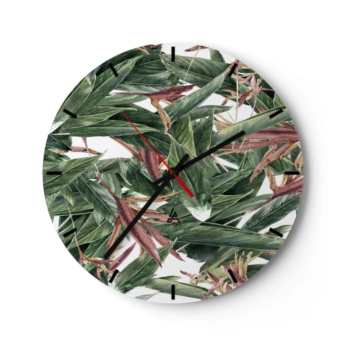 Orologio da parete - Orologio in Vetro - Foglie verdi con accenti lilla su sfondo bianco - 30x30cm - Macchia smeraldo e lilla - Decorazione murale moderna per soggiorno, cucina e camera da letto ARTTOR