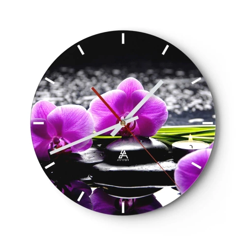 Orologio da parete - Orologio in Vetro - Orchidee viola con pietre e una candela sull'acqua - 30x30cm - Annegare nel silenzio e nella pace - Decorazione murale moderna per soggiorno, cucina e camera da letto ARTTOR