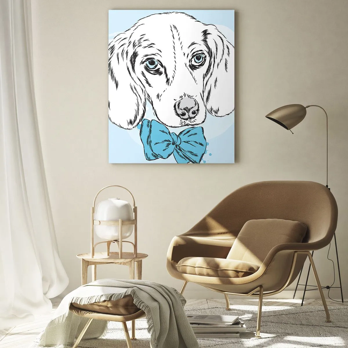 Quadro su vetro - Adorabile grafica di un cane con un papillon su uno sfondo pastello - 70x100cm - Eleganza canina - Decorazione murale moderna per soggiorno e camera da letto ARTTOR