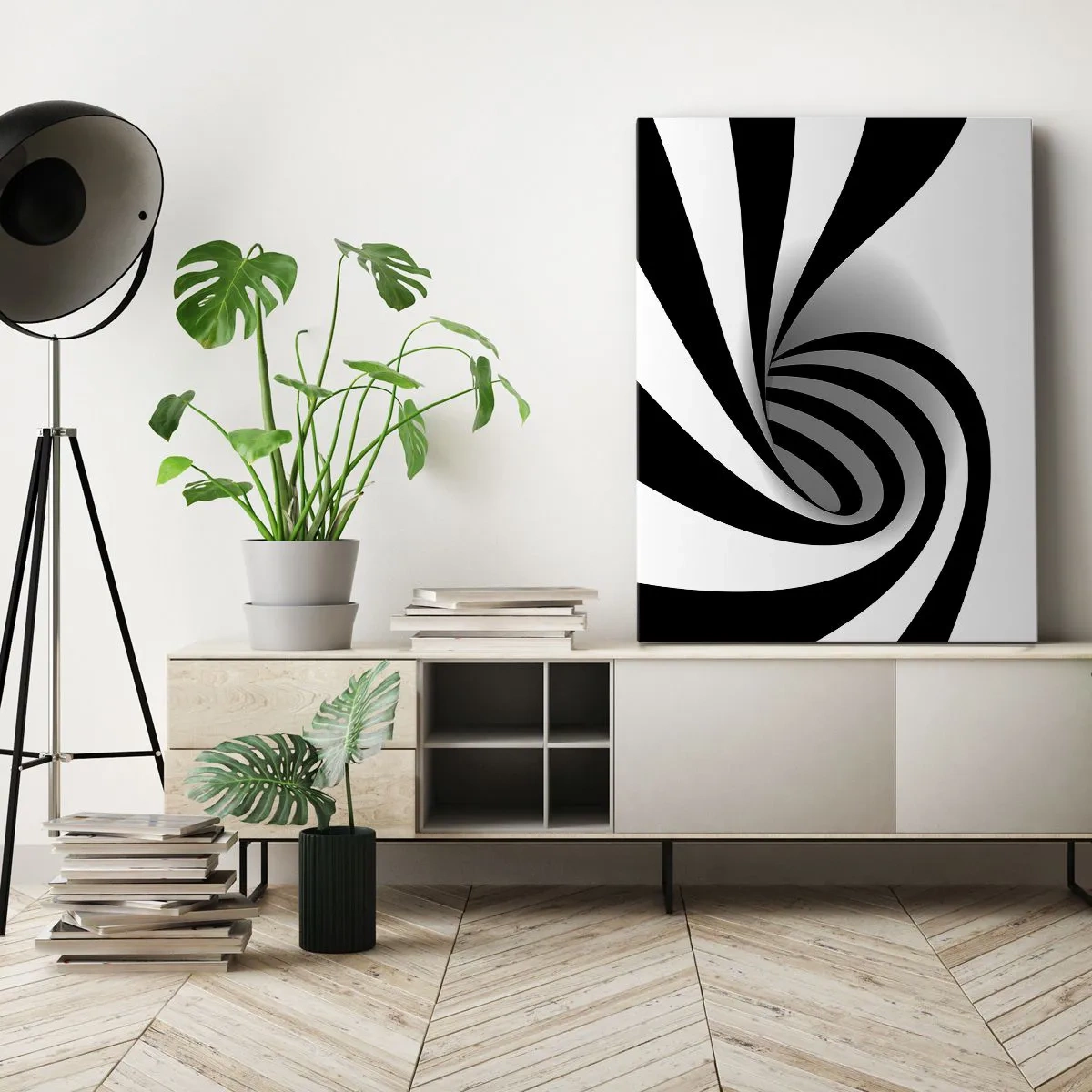 Quadro su tela - Stampe su Tela - Vortice ottico astratto in bianco e nero - 50x70cm - Eppur si muove - Decorazione murale moderna per soggiorno e camera da letto ARTTOR
