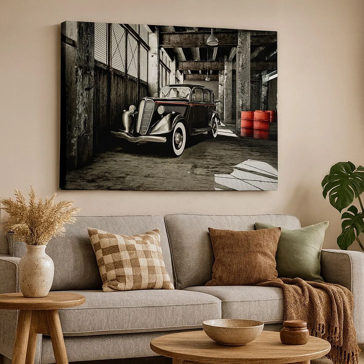 Quadro su tela - Stampe su Tela - Elegante auto retrò in un magazzino grezzo - 70x50cm - L'eleganza eterna degli anni '30 - Decorazione murale moderna per soggiorno e camera da letto ARTTOR