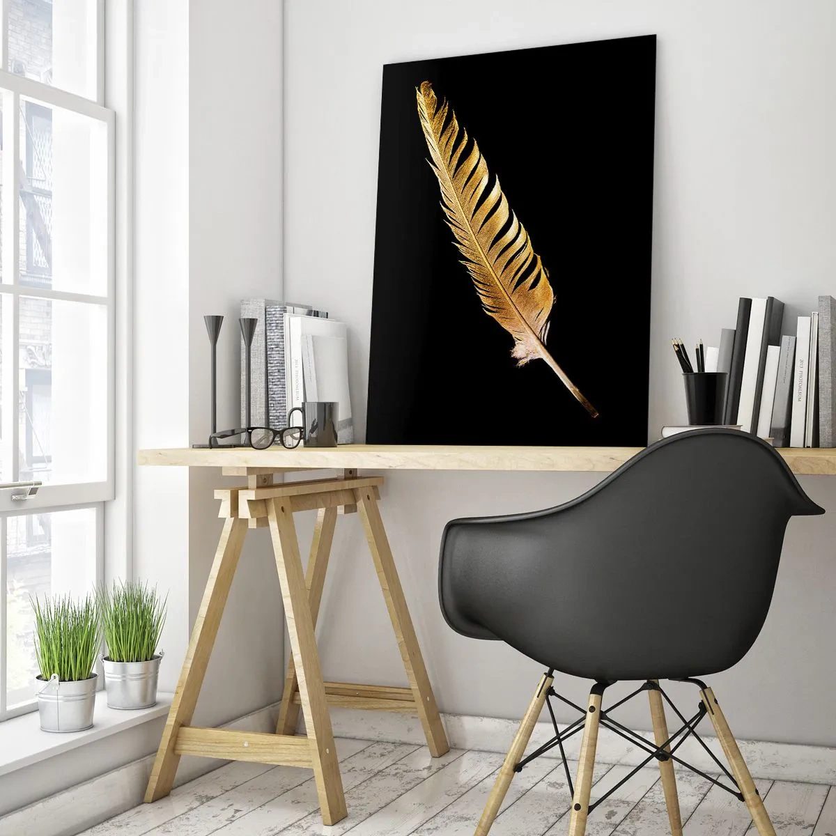 Quadro su vetro - Piuma dorata su sfondo nero - 80x120cm - Non una piuma qualsiasi.... - Decorazione murale moderna per soggiorno e camera da letto ARTTOR