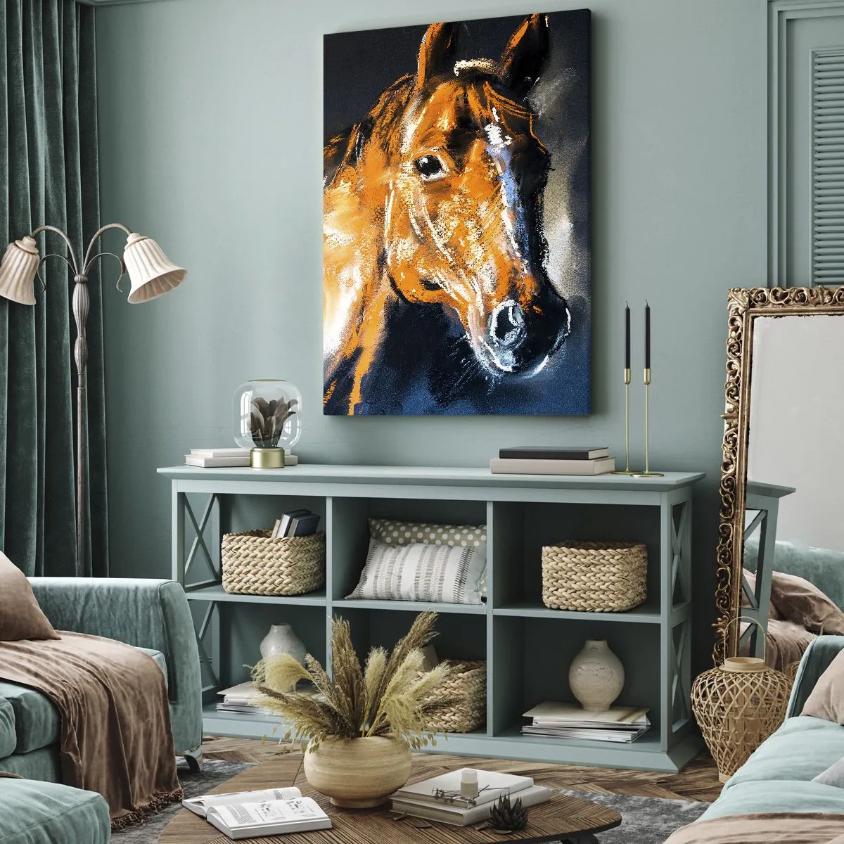 Quadro su tela - Stampe su Tela - Ritratto di un cavallo in stile dinamico e pittorico - 50x70cm - Allora, andiamo? - Decorazione murale moderna per soggiorno e camera da letto ARTTOR