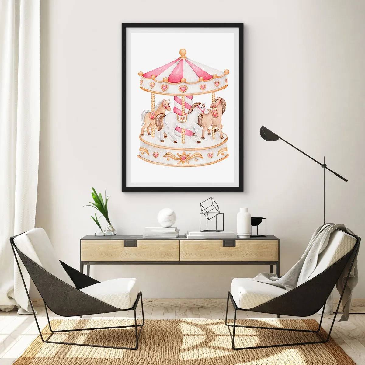 Poster in cornice nera - Giostra ad acquerello in tonalità pastello di rosa - 50x70cm - Il dolce mondo dell'infanzia - Decorazione murale moderna per soggiorno e camera da letto ARTTOR