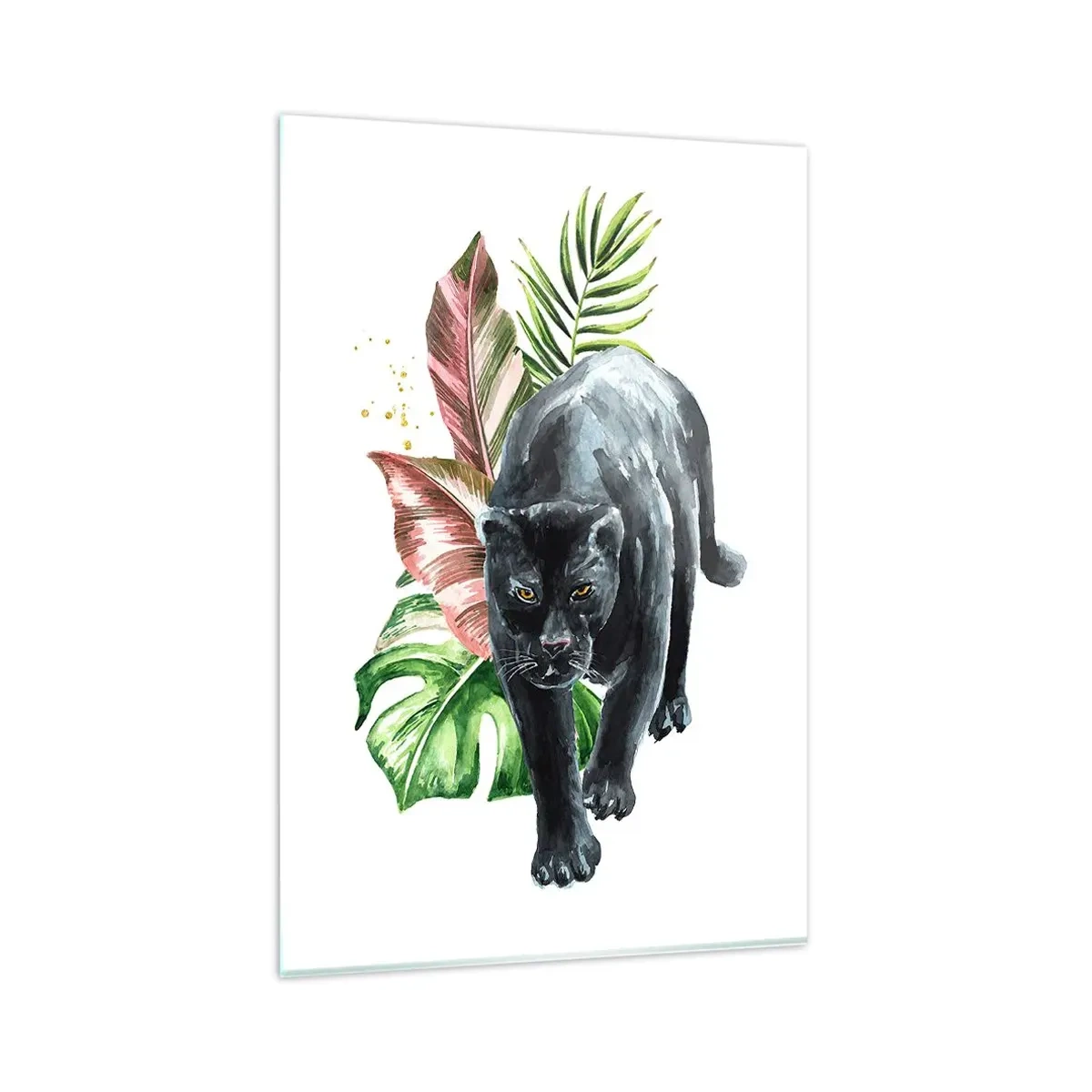 Quadro su vetro - Pantera nera circondata da foglie tropicali - 80x120cm - Cuore selvaggio - Decorazione murale moderna per soggiorno e camera da letto ARTTOR