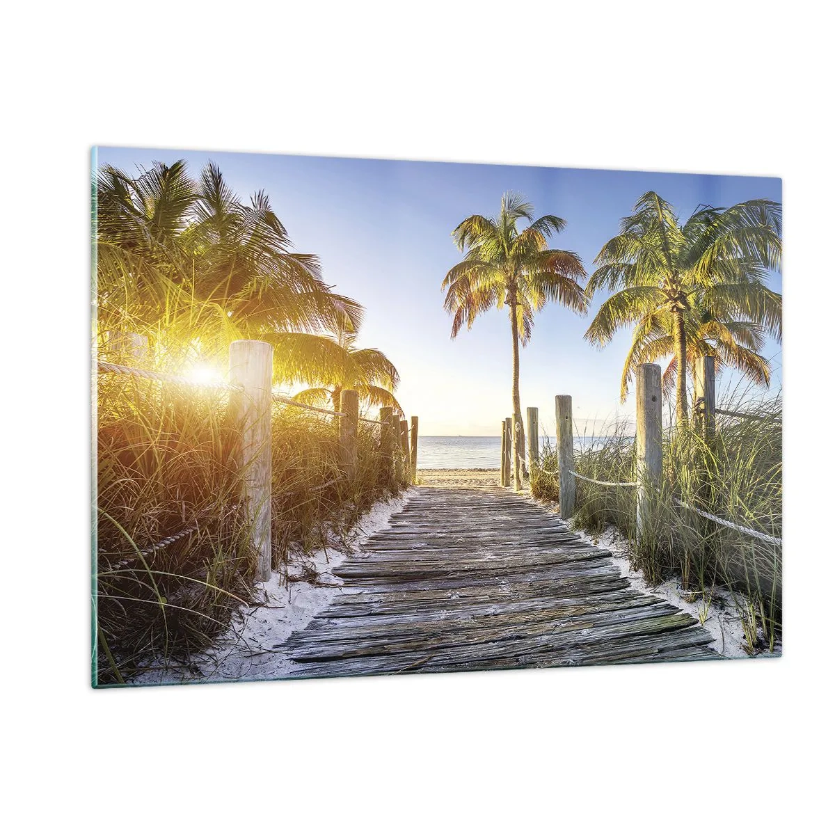 Quadro su vetro - Sentiero in legno sulla spiaggia circondato da palme - 120x80cm - Dritto in paradiso - Decorazione murale moderna per soggiorno e camera da letto ARTTOR