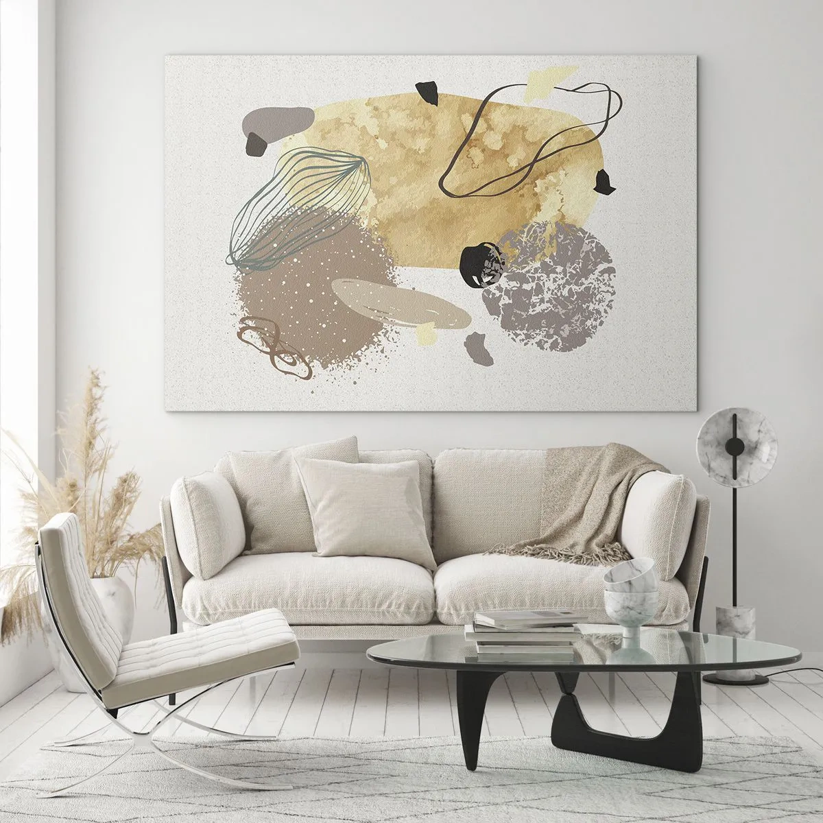 Quadro su vetro - Astrazione beige e marrone con forme irregolari - 70x50cm - Schizzologia applicata - Decorazione murale moderna per soggiorno e camera da letto ARTTOR