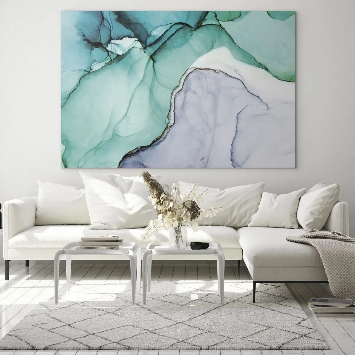 Quadro su vetro - Un dipinto astratto nei toni del turchese e del bianco, con delicate crepe. - 70x50cm - Studio in turchese - Decorazione murale moderna per soggiorno e camera da letto ARTTOR