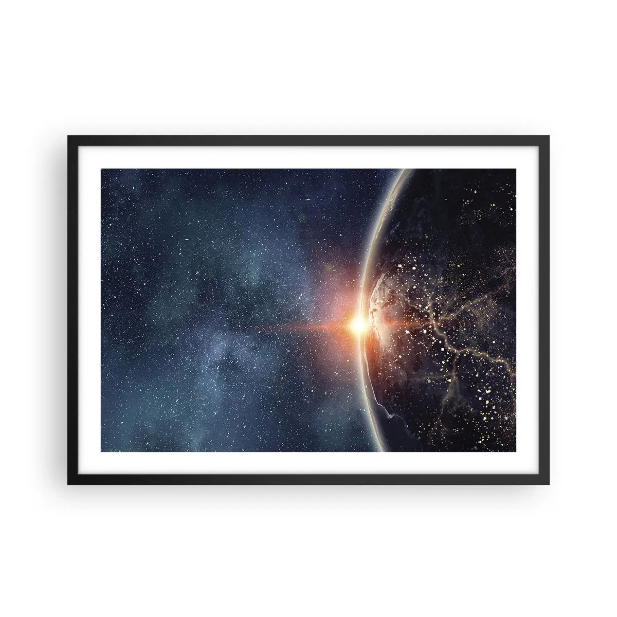 Poster in cornice nera - La Terra vista dallo spazio con il sole che sorge - 70x50cm - In una nuova prospettiva - Decorazione murale moderna per soggiorno e camera da letto ARTTOR