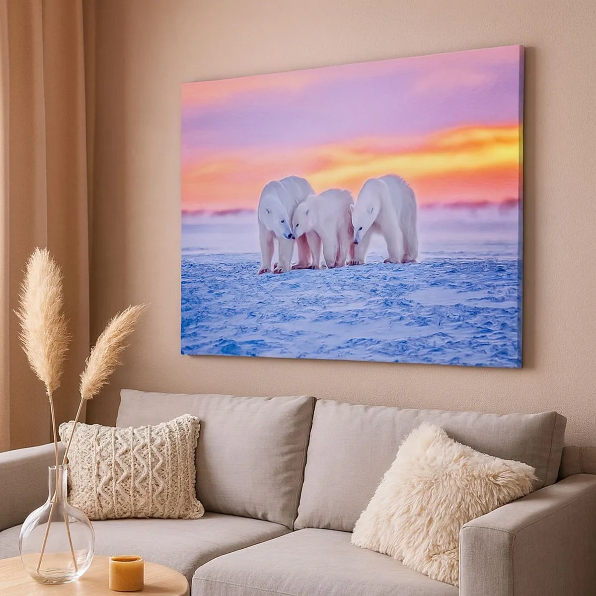 Quadro su tela - Stampe su Tela - Tre orsi polari sullo sfondo di un tramonto artico - 70x50cm - Basta il calore della famiglia - Decorazione murale moderna per soggiorno e camera da letto ARTTOR