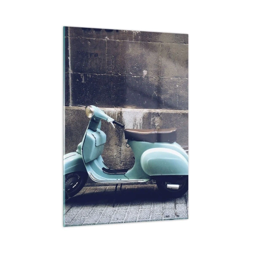Quadro su vetro - Uno scooter blu contro il muro di un edificio - 50x70cm - Atmosfera indimenticabile - Decorazione murale moderna per soggiorno e camera da letto ARTTOR
