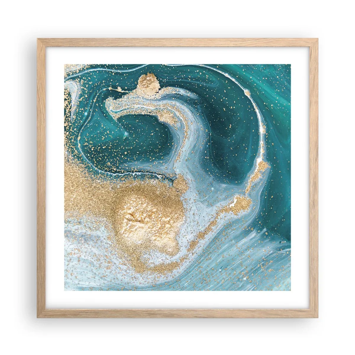 Poster in cornice rovere chiaro - Vortice di oro e turchese - 50x50 cm