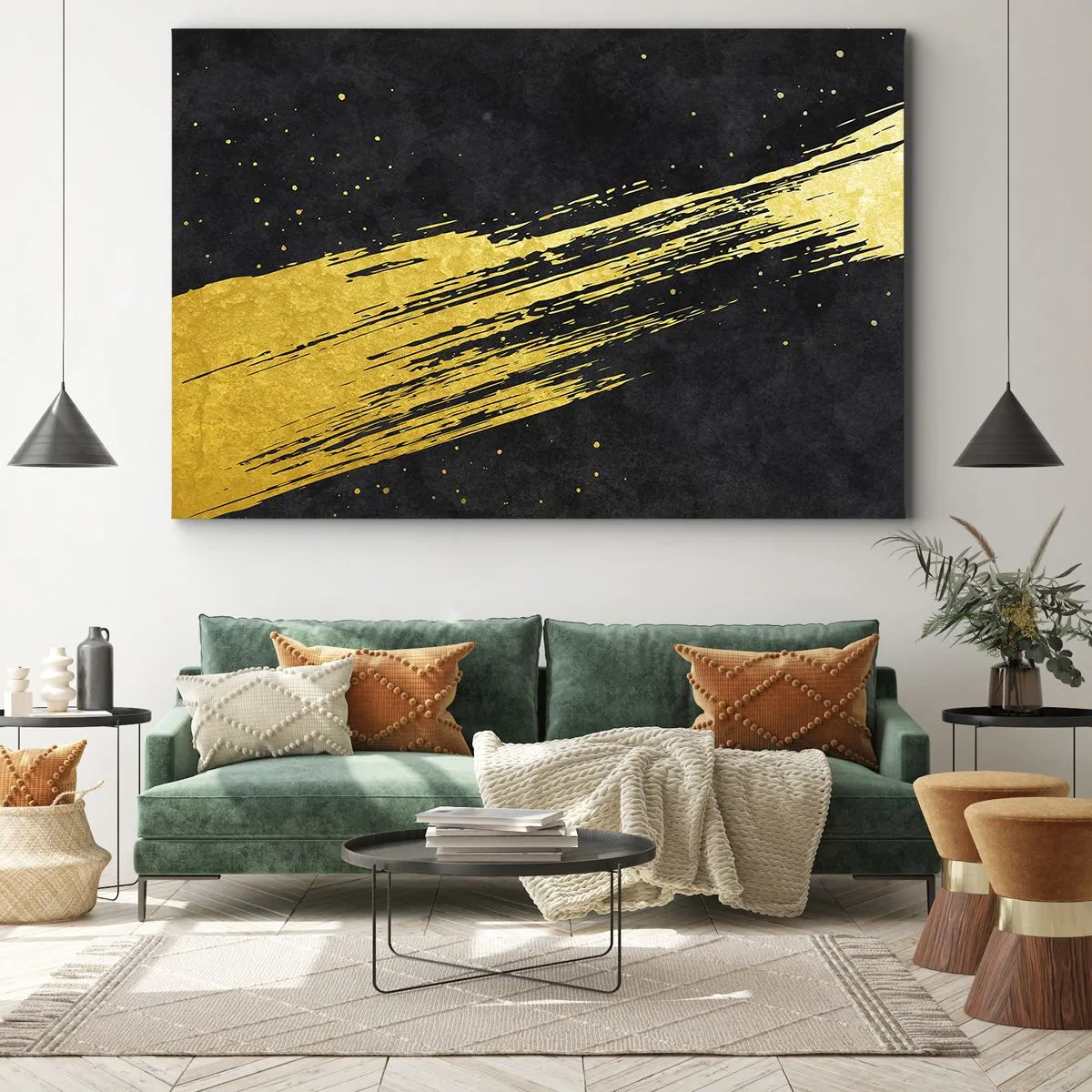 Quadro su tela - Stampe su Tela - Sfondo nero con pennellate dorate dinamiche - 70x50cm - Salto nell'iperspazio - Decorazione murale moderna per soggiorno e camera da letto ARTTOR